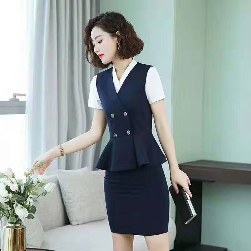 職業(yè)裝 夏裝 女款 短袖襯衫-馬甲-半身裙 深藍(lán).jpg